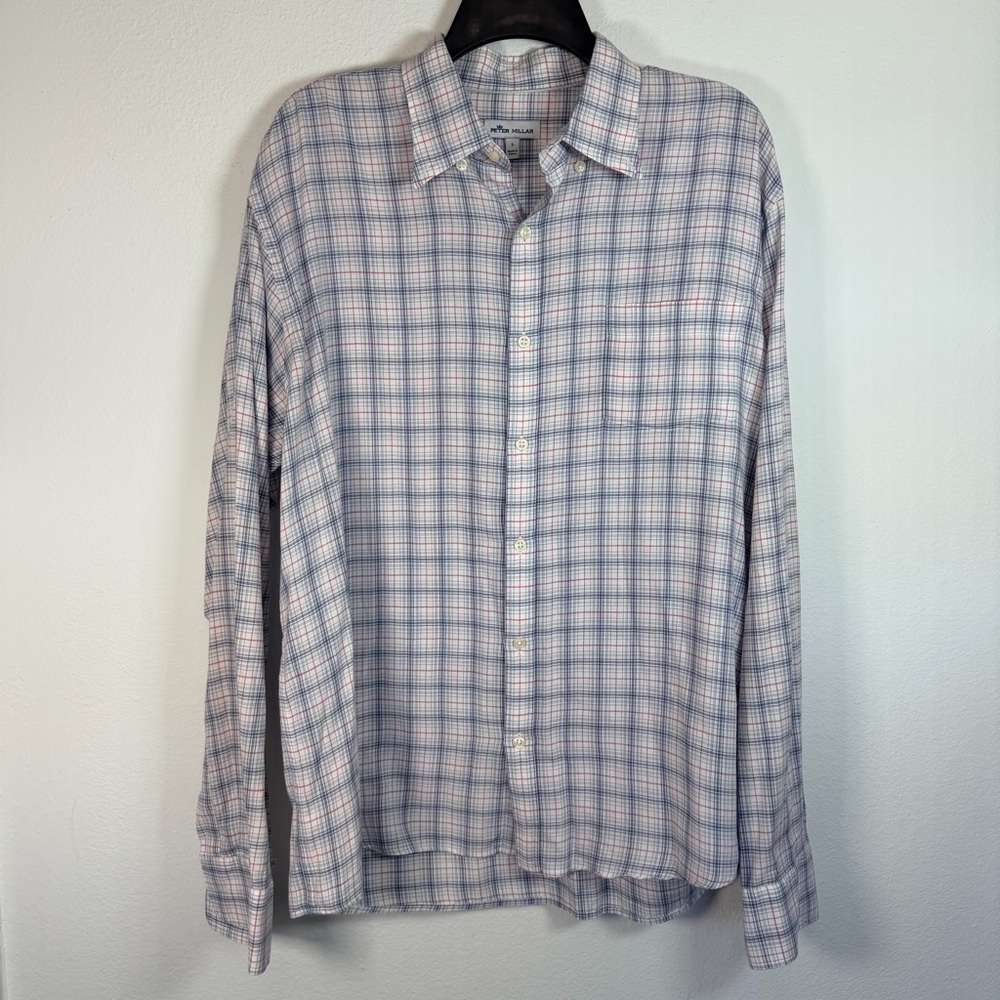 Peter Millar Crown Button Down Shirt Men's Large Blue Pink Plaid 100% Cotton